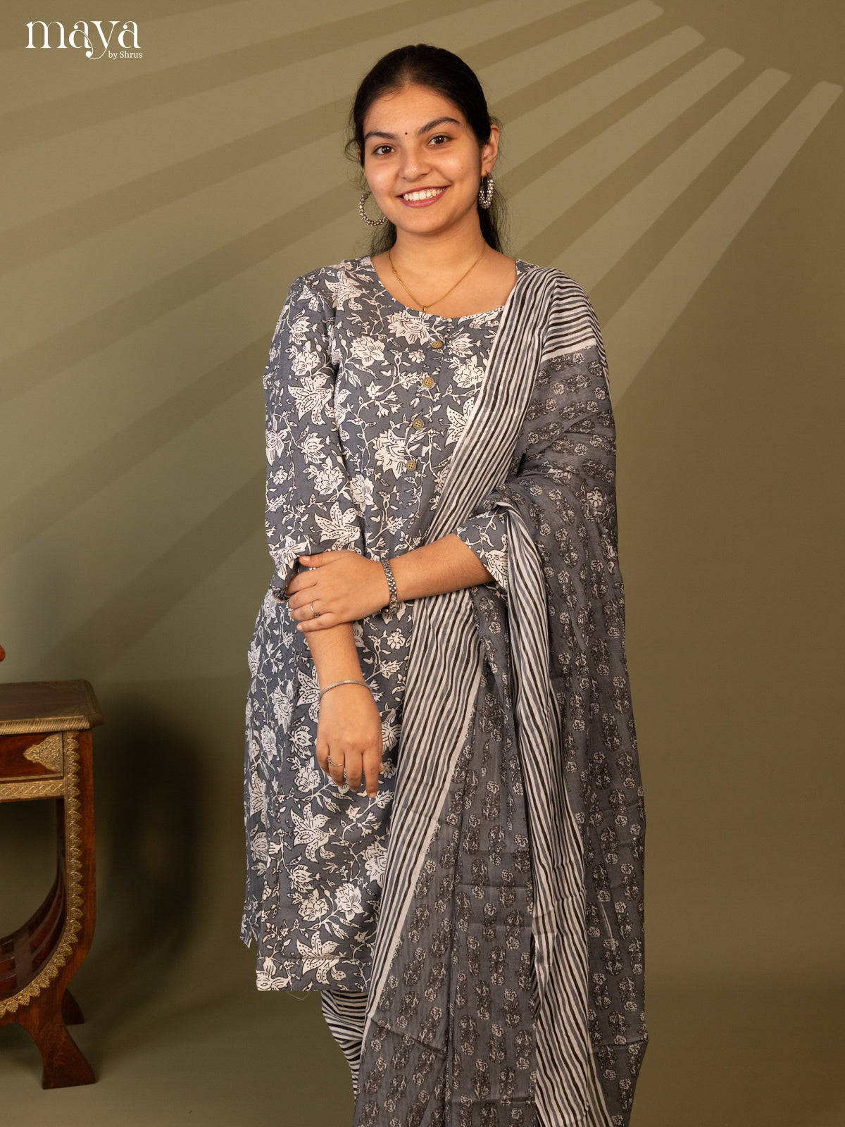 Grey Cotton 3pc Salwar Suit with Floral Print - Top, Bottom & Dupatta
