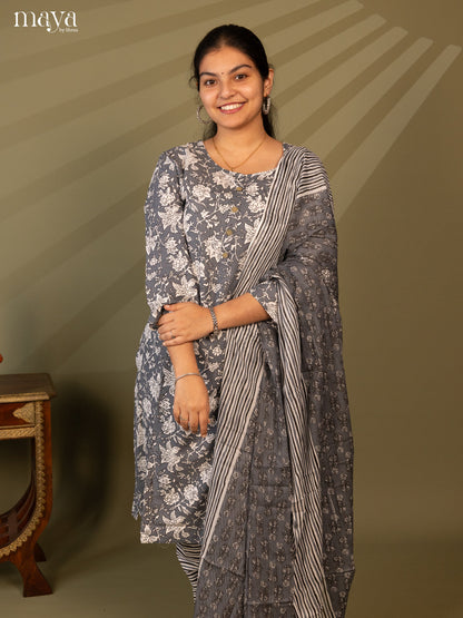 Grey Cotton 3pc Salwar Suit with Floral Print - Top, Bottom & Dupatta
