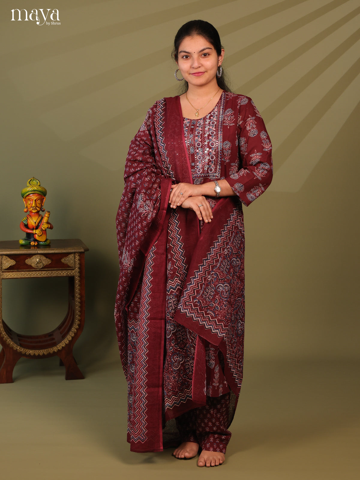 Maroon Cotton 3pc Salwar Suit with Ajrakh Print - Top, Bottom & Dupatta