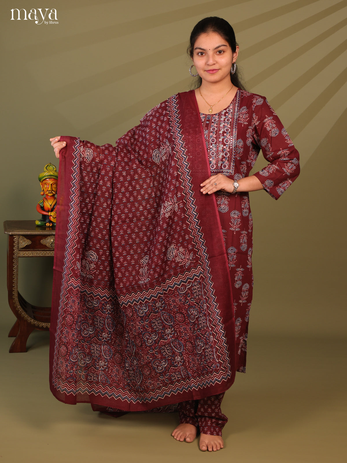 Maroon Cotton 3pc Salwar Suit with Ajrakh Print - Top, Bottom & Dupatta