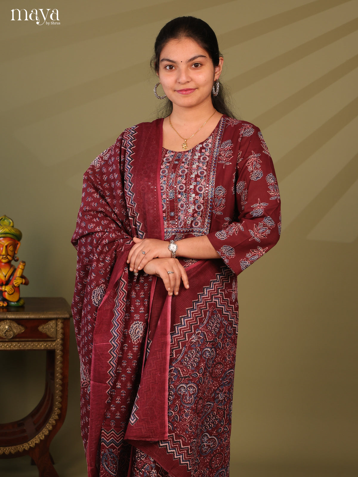 Maroon Cotton 3pc Salwar Suit with Ajrakh Print - Top, Bottom & Dupatta