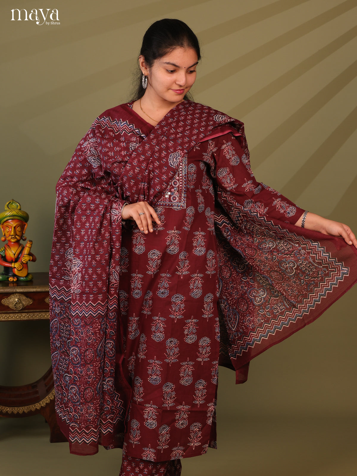 Maroon Cotton 3pc Salwar Suit with Ajrakh Print - Top, Bottom & Dupatta