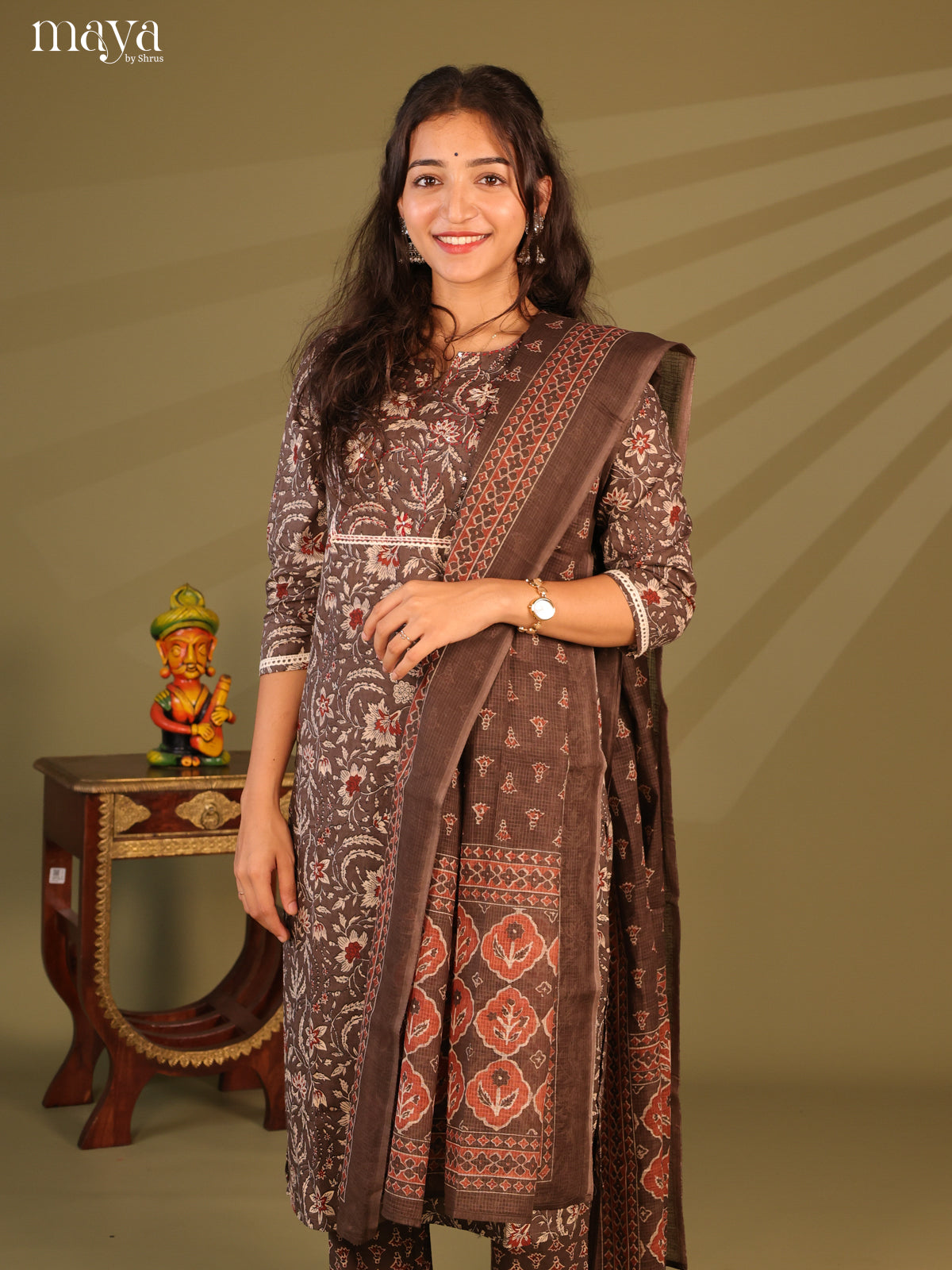 Brown Cotton 3pc Salwar Suit with Floral Print - Top, Bottom & Dupatta
