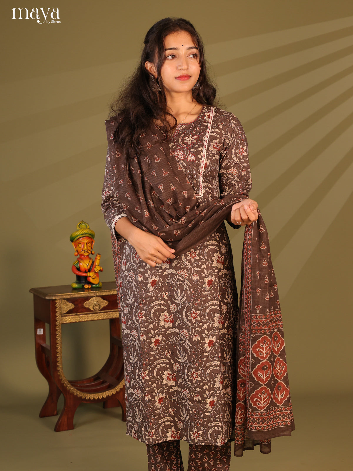 Brown Cotton 3pc Salwar Suit with Floral Print - Top, Bottom & Dupatta