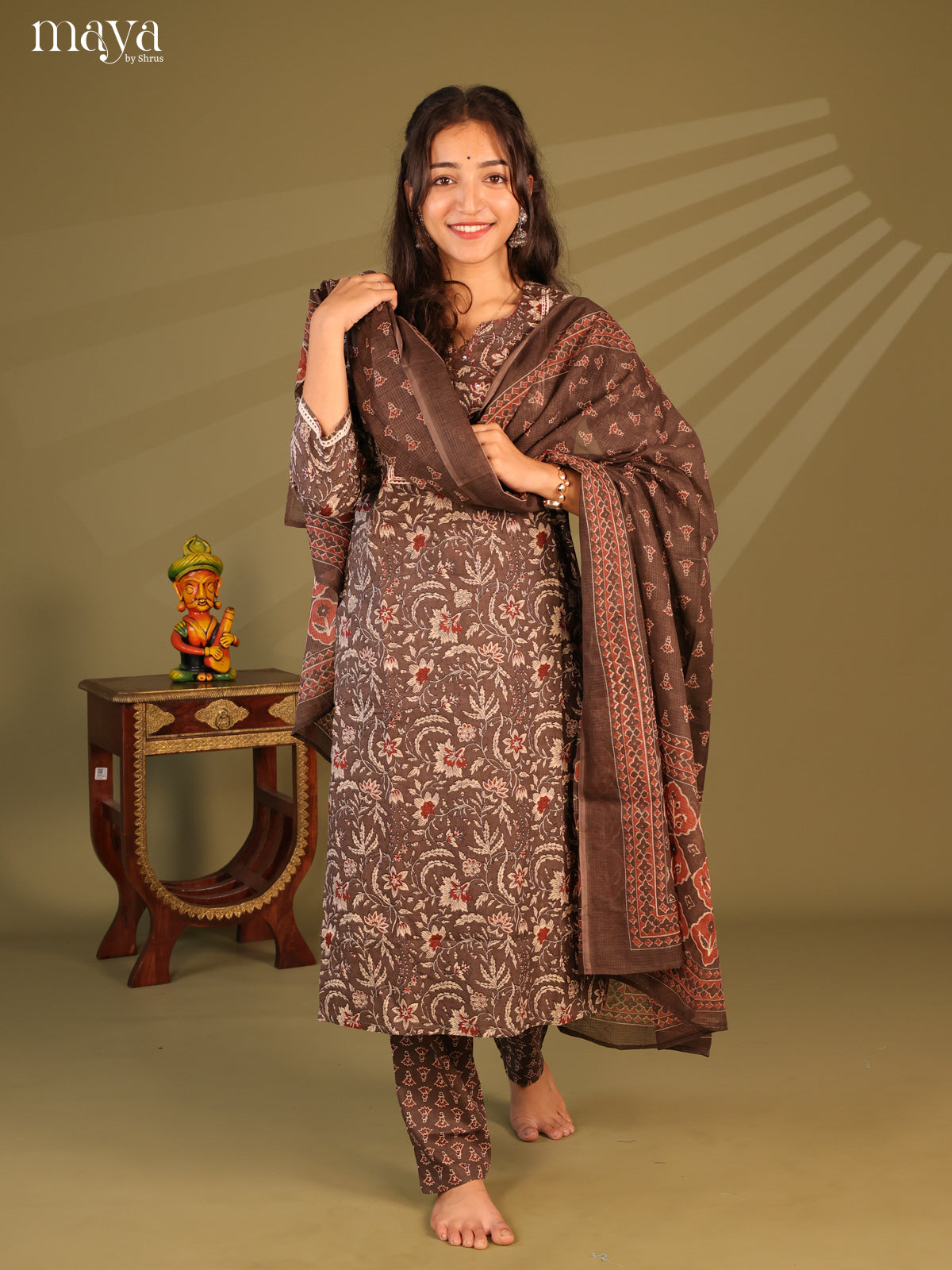 Brown Cotton 3pc Salwar Suit with Floral Print - Top, Bottom & Dupatta