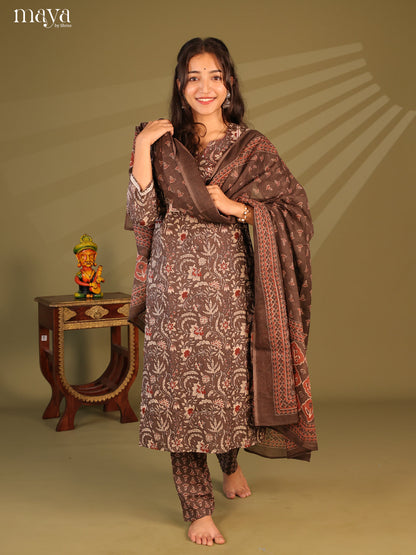 Brown Cotton 3pc Salwar Suit with Floral Print - Top, Bottom & Dupatta