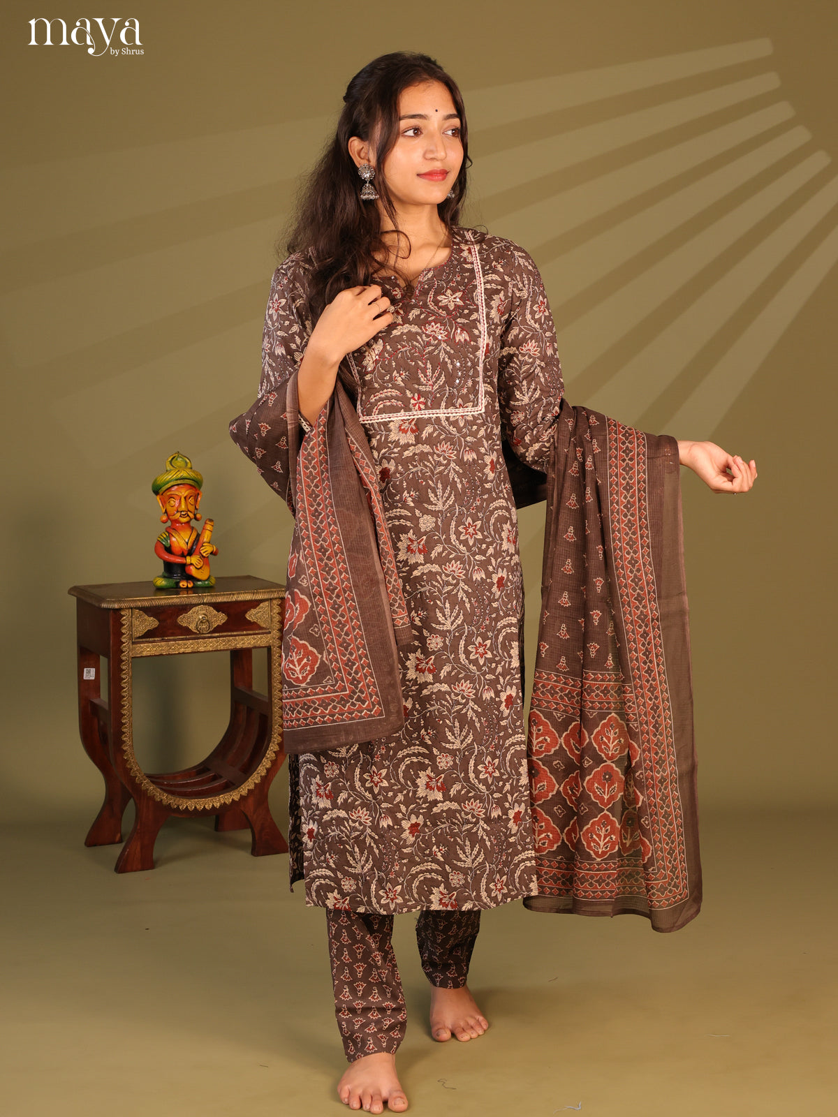 Brown Cotton 3pc Salwar Suit with Floral Print - Top, Bottom & Dupatta