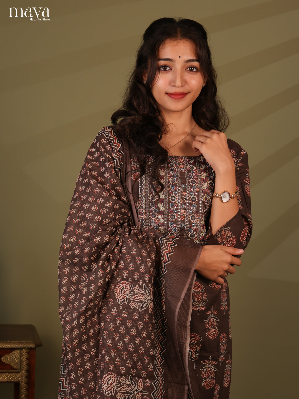 Brown Cotton 3pc Salwar Suit with Ajrakh Print - Top, Bottom & Dupatta