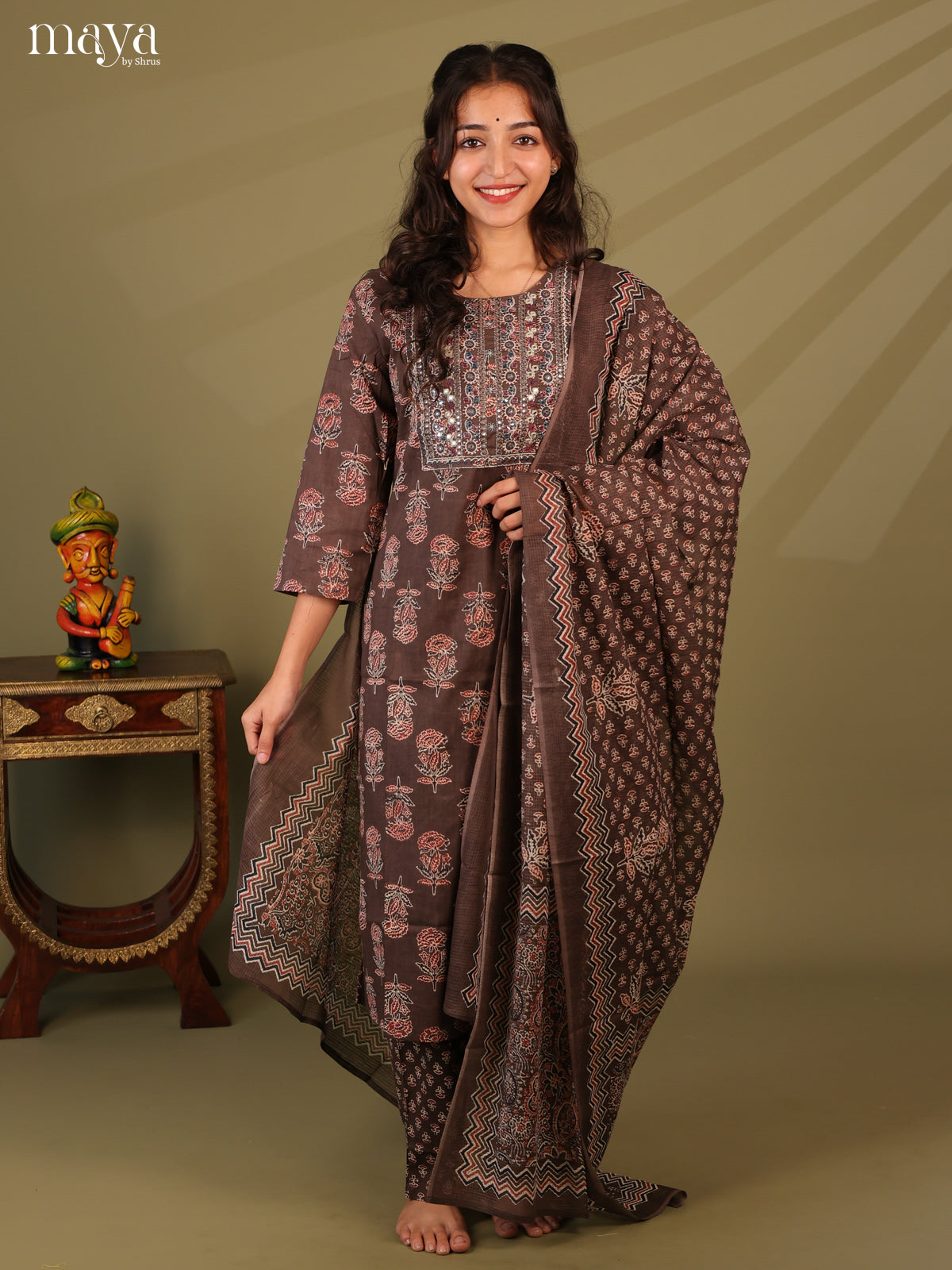 Brown Cotton 3pc Salwar Suit with Ajrakh Print - Top, Bottom & Dupatta