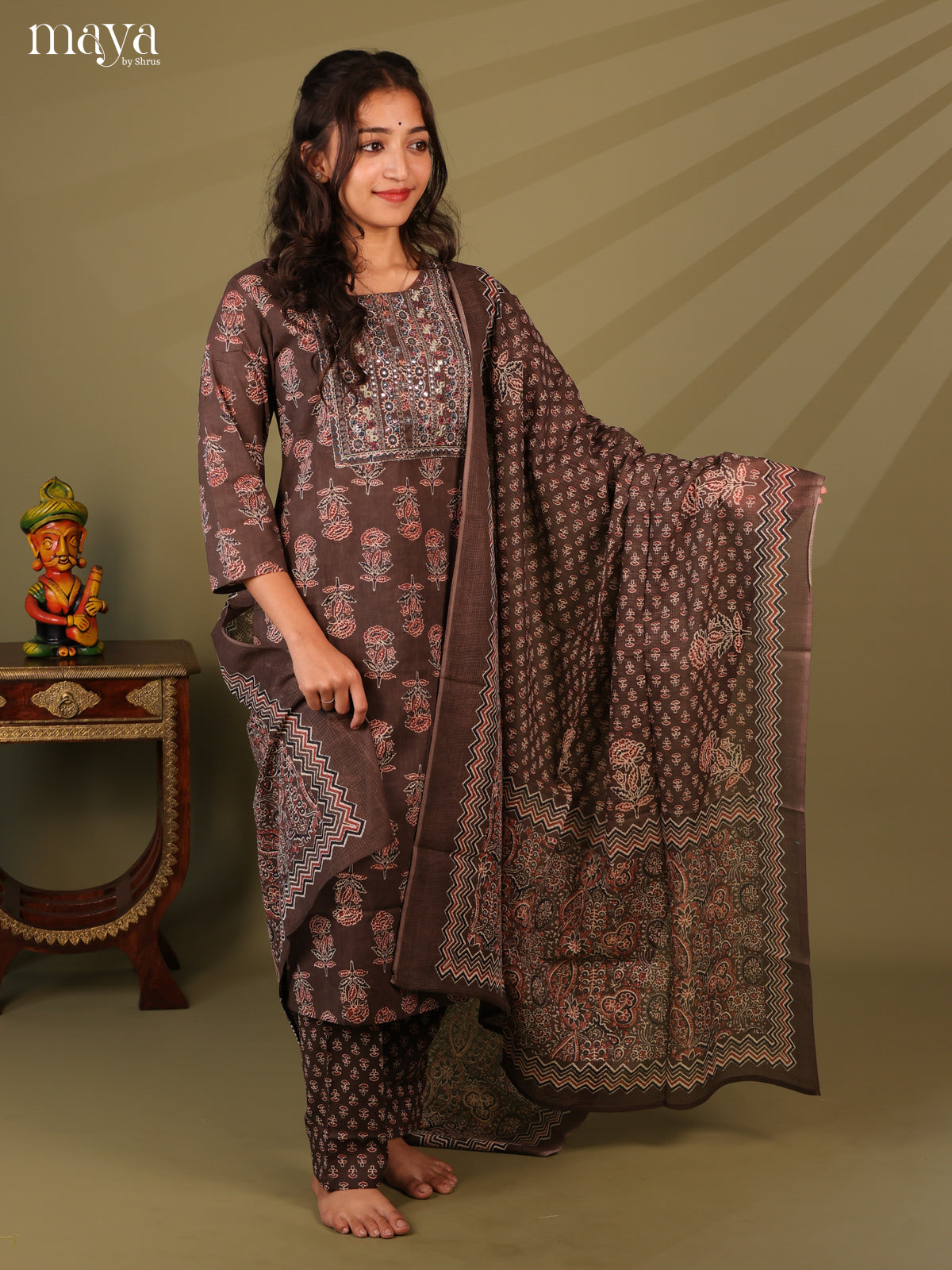 Brown Cotton 3pc Salwar Suit with Ajrakh Print - Top, Bottom & Dupatta