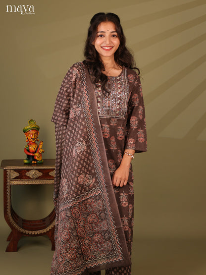 Brown Cotton 3pc Salwar Suit with Ajrakh Print - Top, Bottom & Dupatta