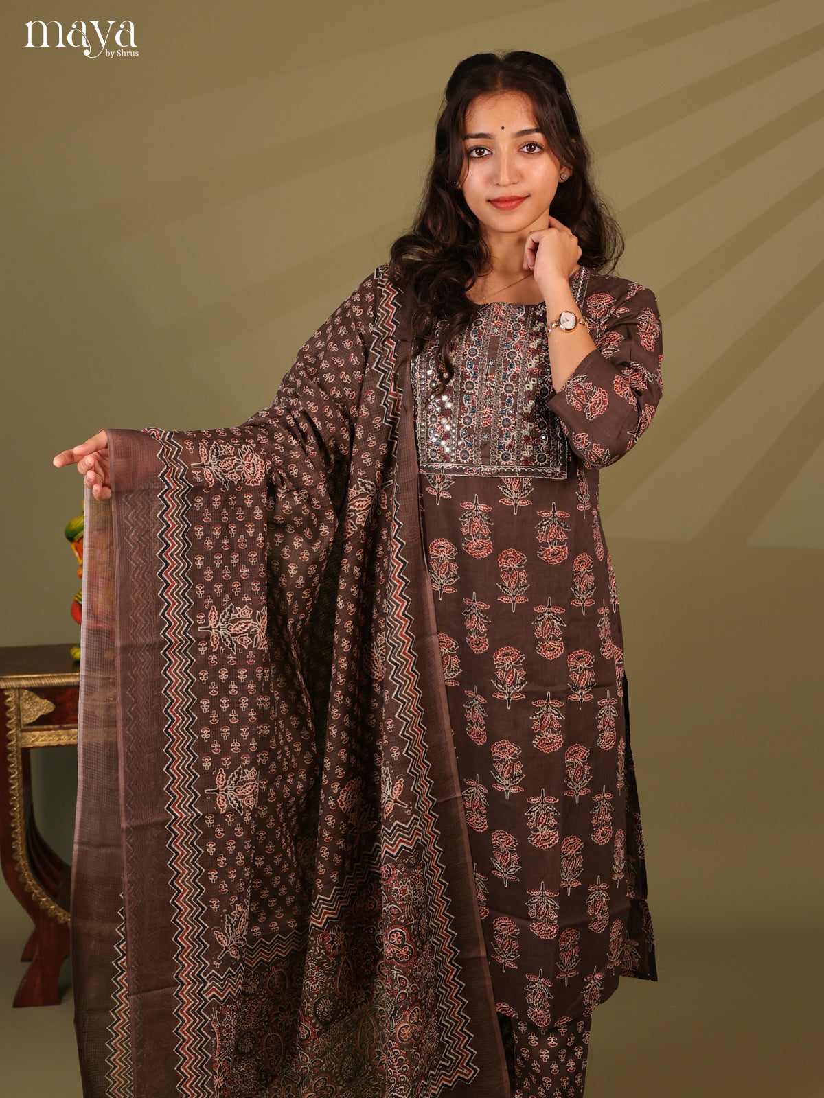 Brown Cotton 3pc Salwar Suit with Ajrakh Print - Top, Bottom & Dupatta