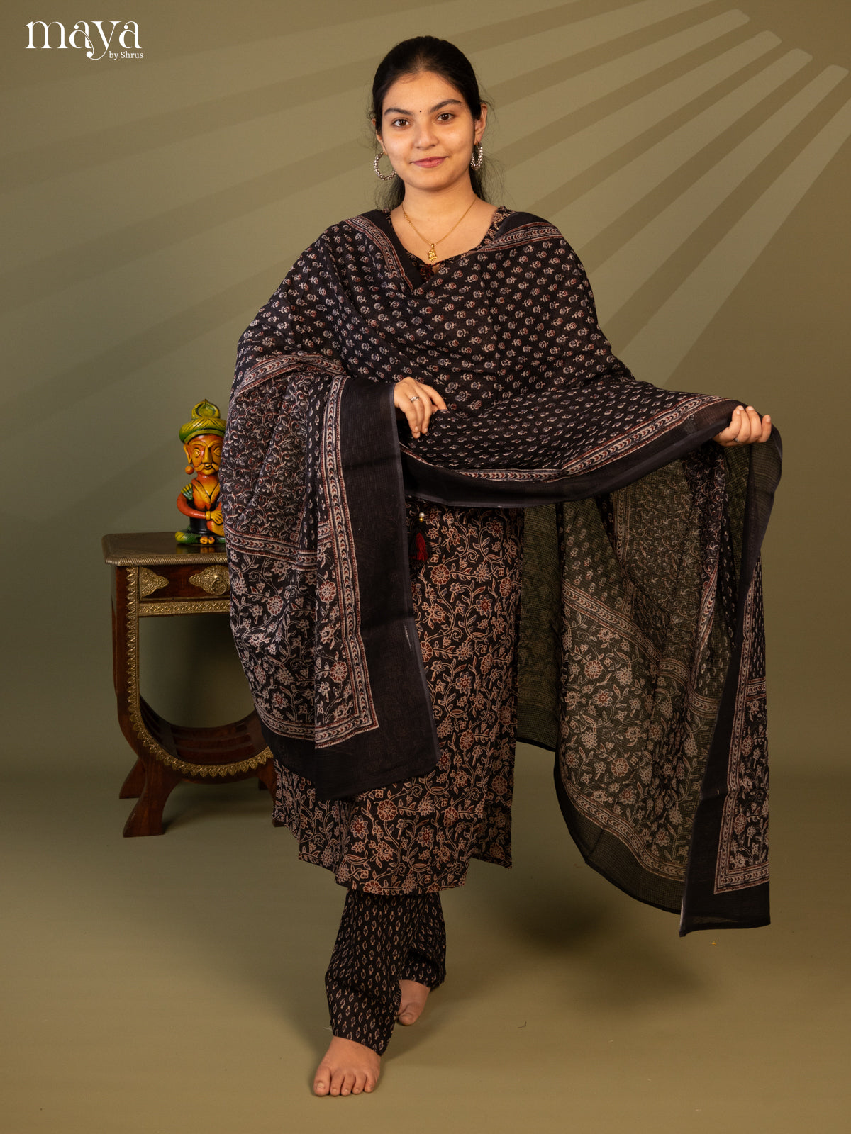 Black Cotton 3pc Salwar Suit with Floral Print - Top, Bottom & Dupatta