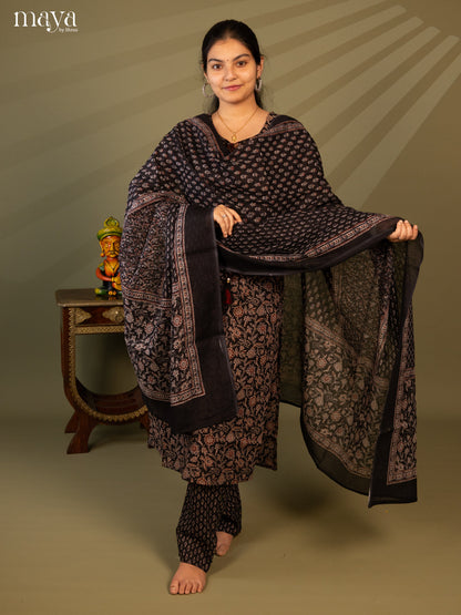 Black Cotton 3pc Salwar Suit with Floral Print - Top, Bottom & Dupatta