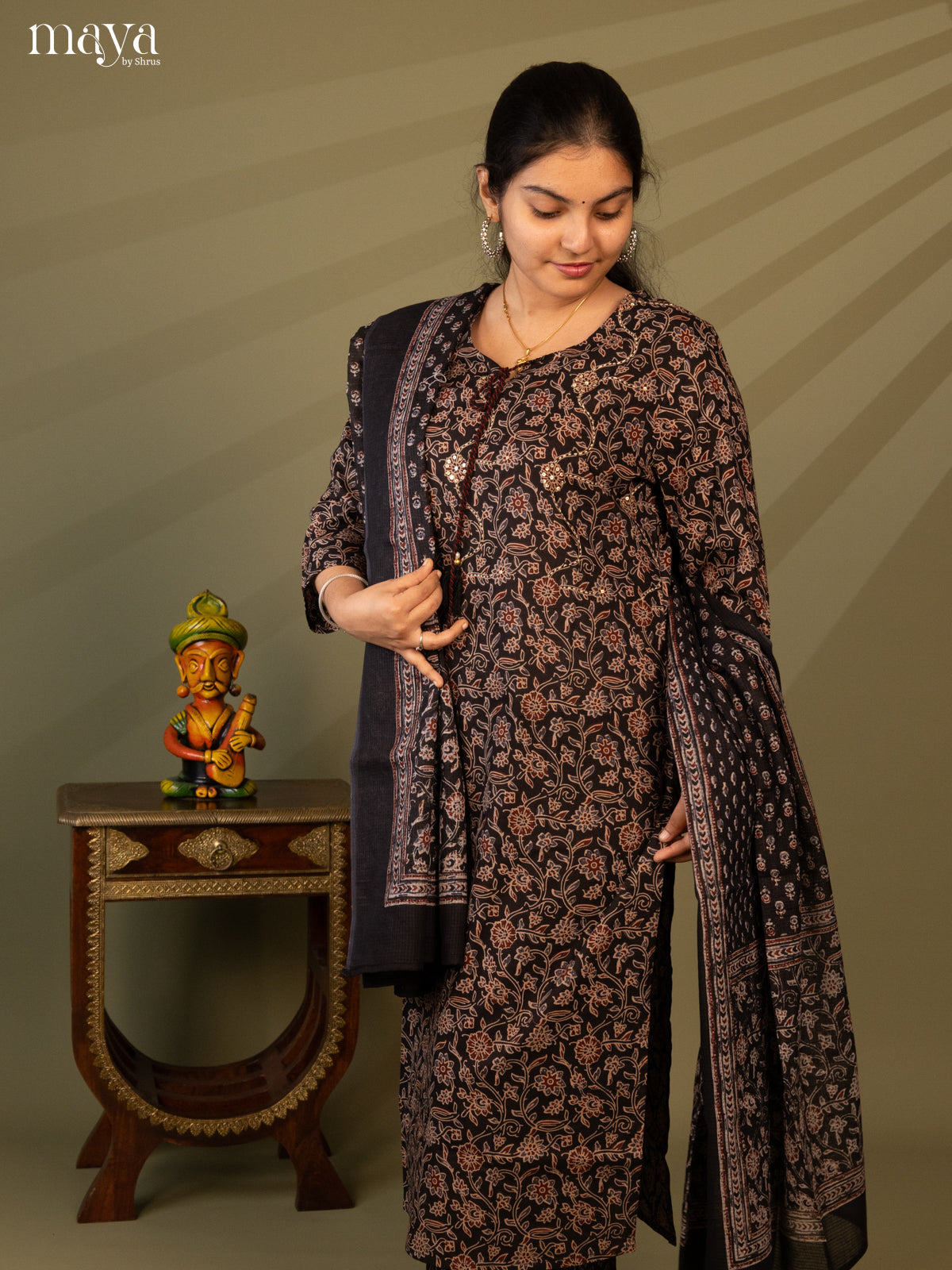 Black Cotton 3pc Salwar Suit with Floral Print - Top, Bottom & Dupatta