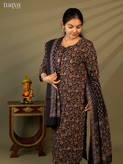 Black Cotton 3pc Salwar Suit with Floral Print - Top, Bottom & Dupatta