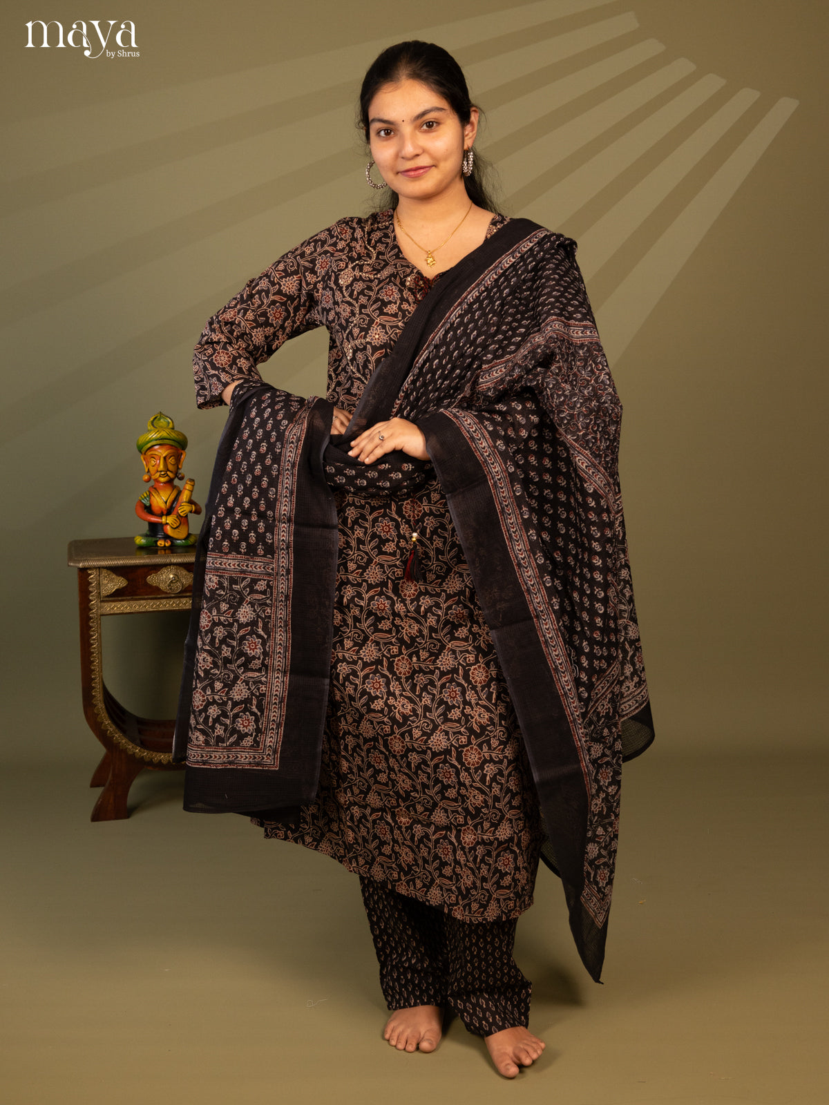 Black Cotton 3pc Salwar Suit with Floral Print - Top, Bottom & Dupatta