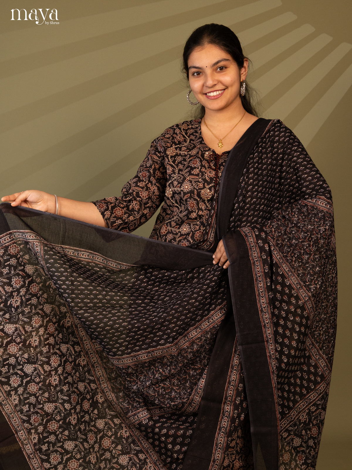 Black Cotton 3pc Salwar Suit with Floral Print - Top, Bottom & Dupatta