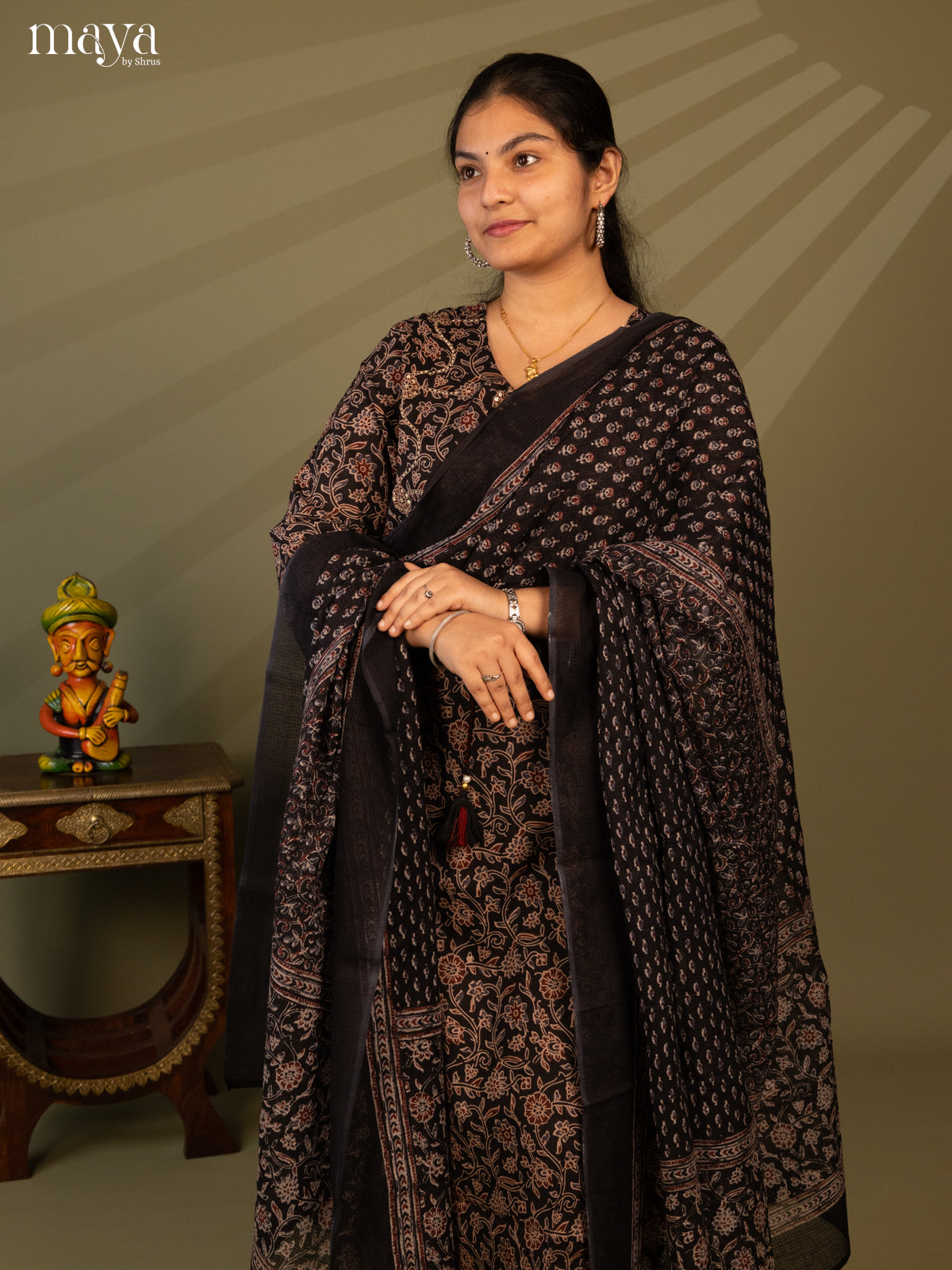 Black Cotton 3pc Salwar Suit with Floral Print - Top, Bottom & Dupatta