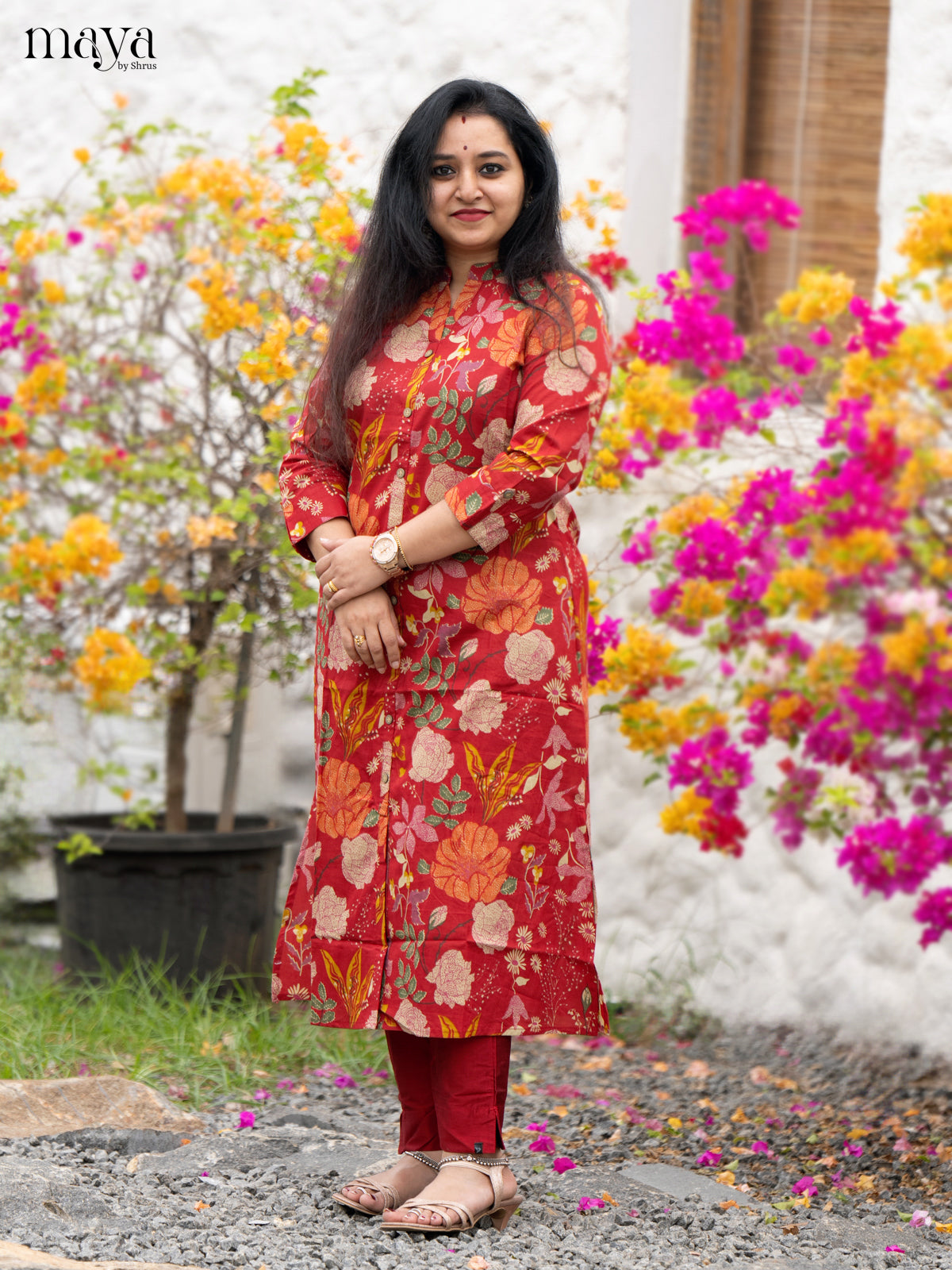 Floral Printed Red Cotton Kurti