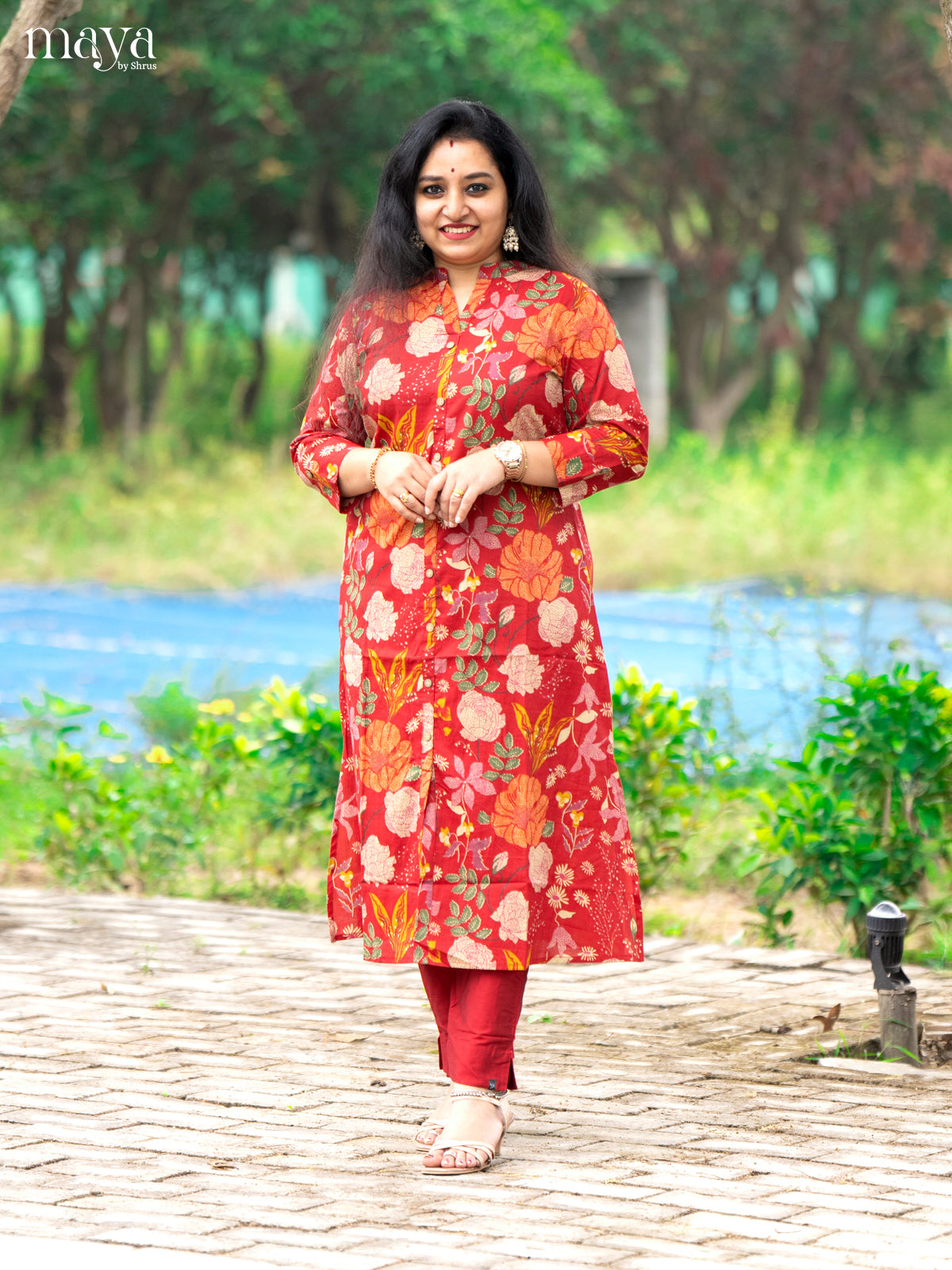 Floral Printed Red Cotton Kurti