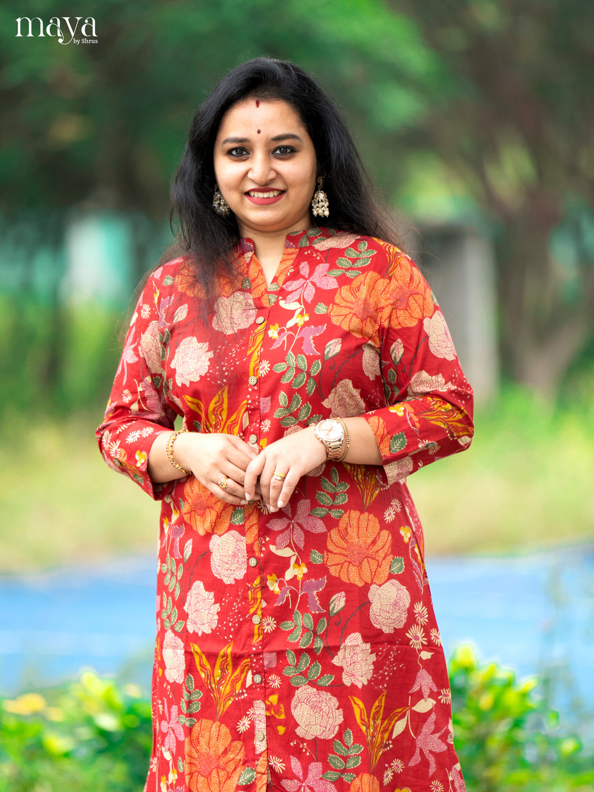 Floral Printed Red Cotton Kurti