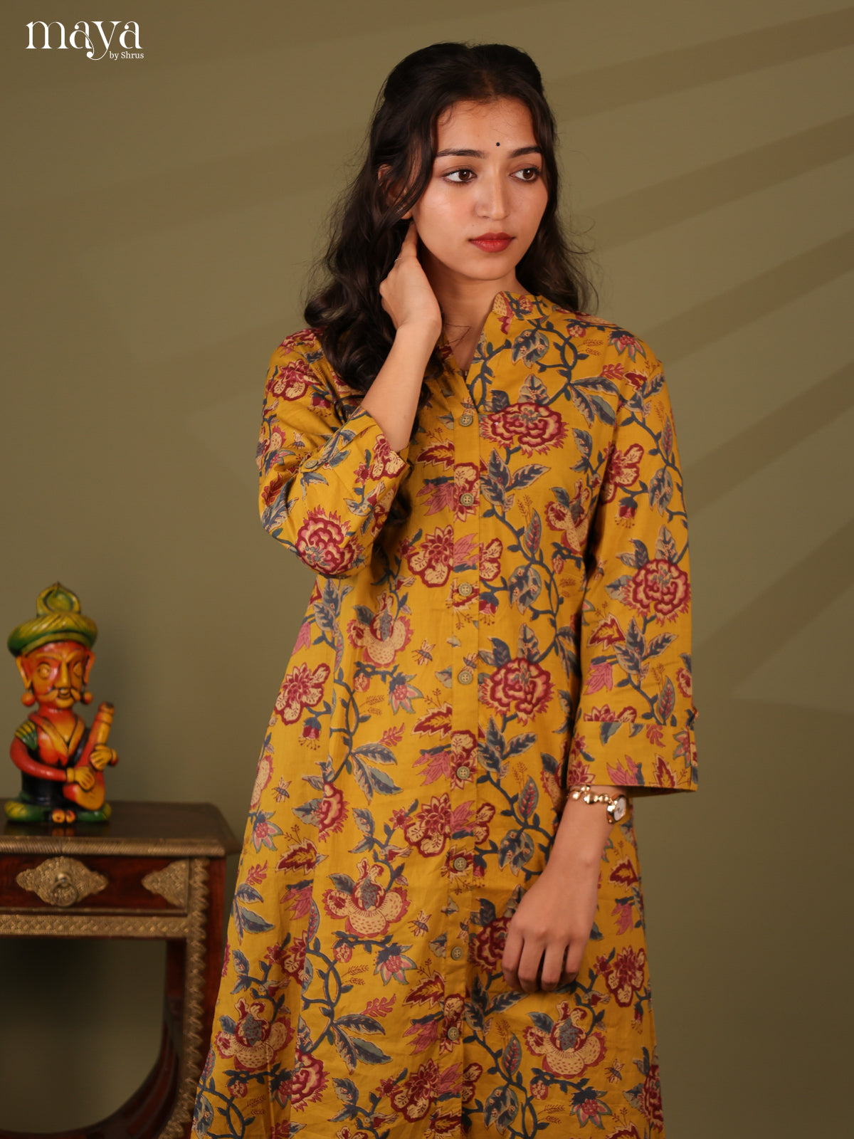 Floral Printed Mustard Cotton Kurti