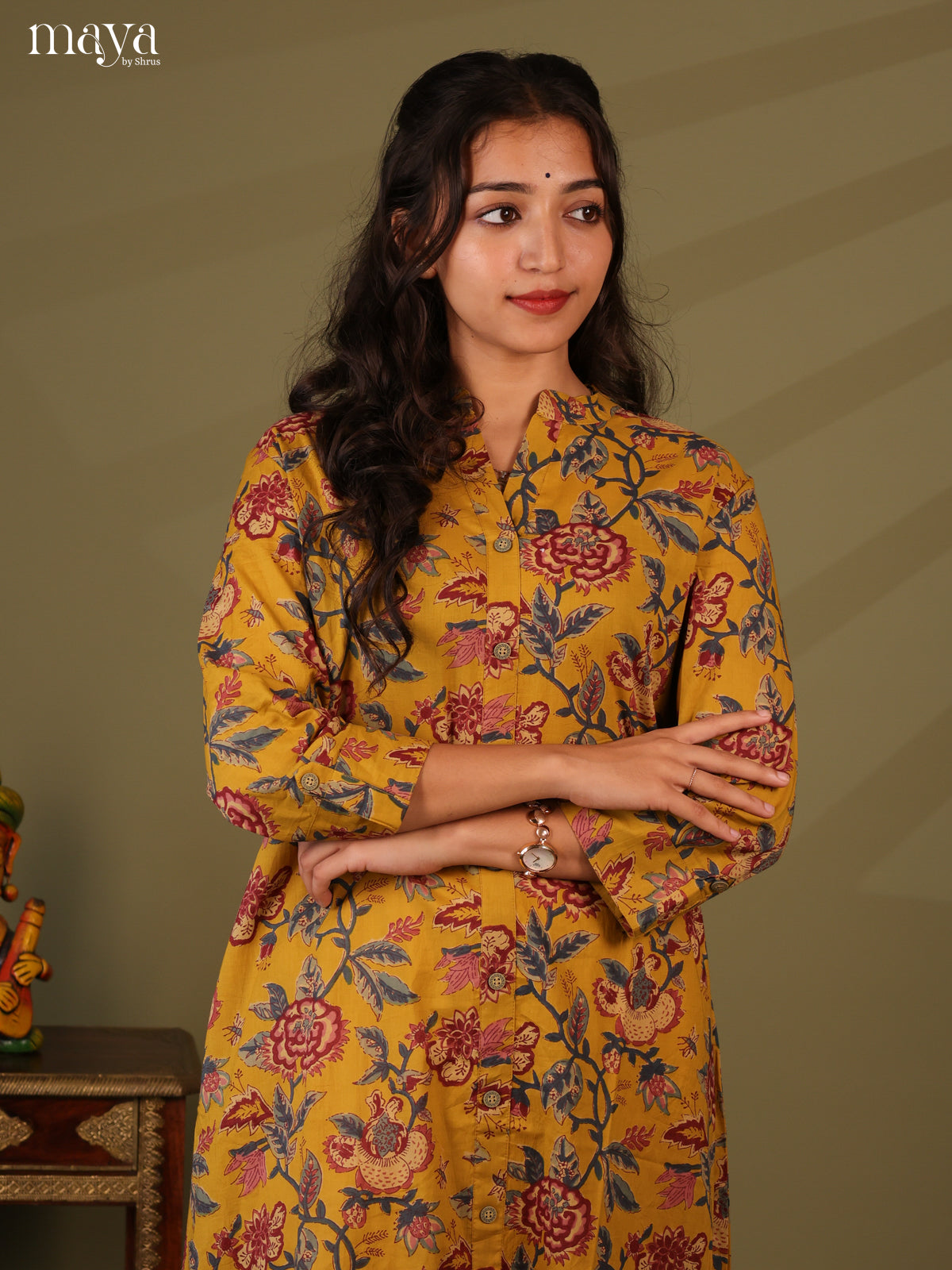 Floral Printed Mustard Cotton Kurti