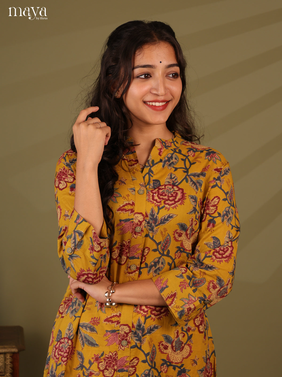 Floral Printed Mustard Cotton Kurti