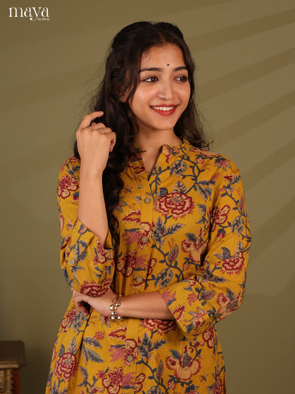 Floral Printed Mustard Cotton Kurti
