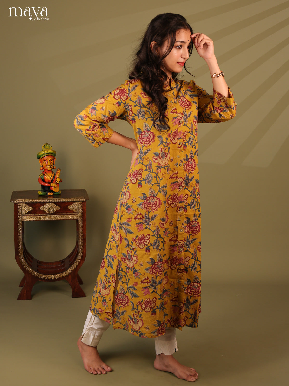 Floral Printed Mustard Cotton Kurti