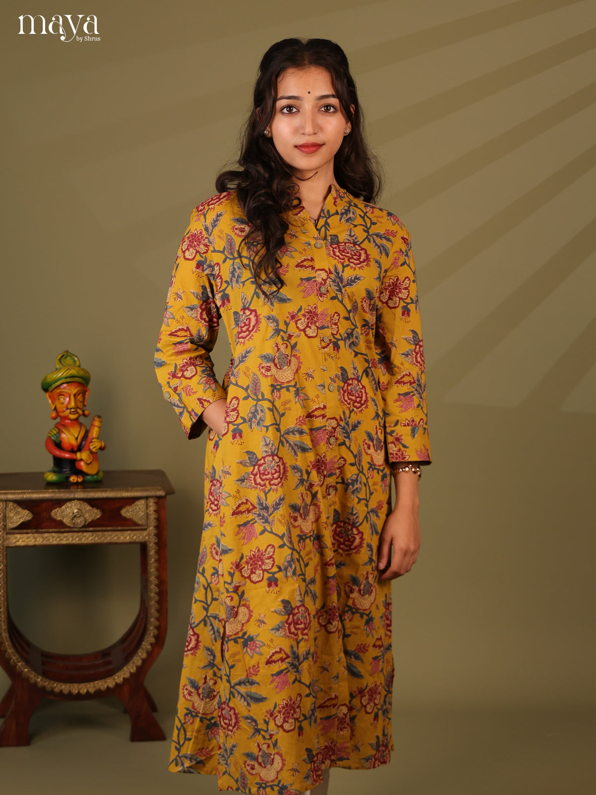 Floral Printed Mustard Cotton Kurti