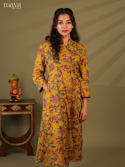 Floral Printed Mustard Cotton Kurti