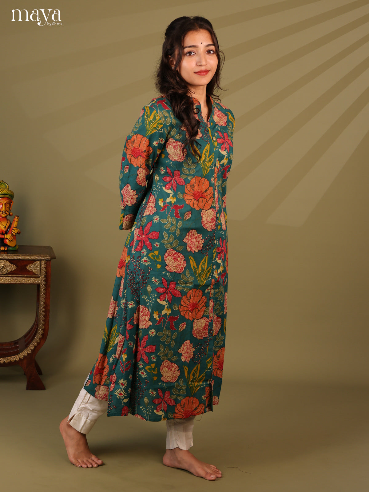Floral Printed Green Cotton Kurti