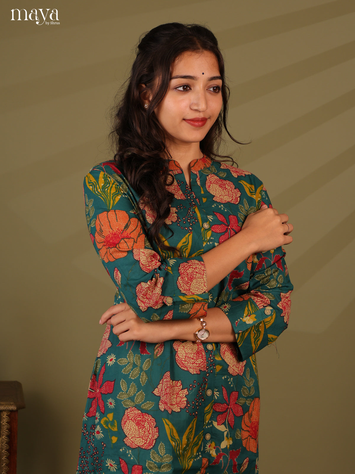 Floral Printed Green Cotton Kurti