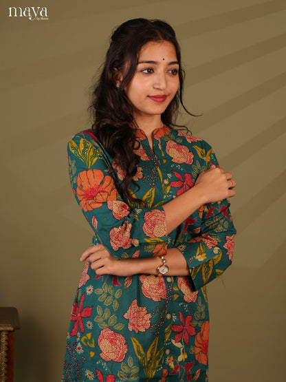 Floral Printed Green Cotton Kurti
