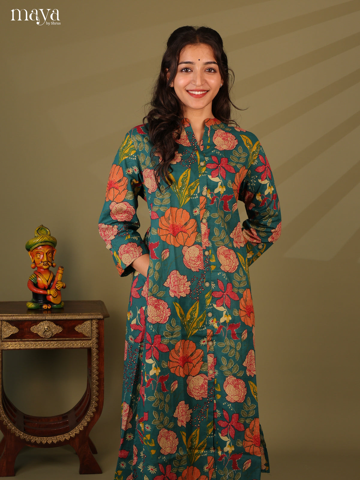 Floral Printed Green Cotton Kurti