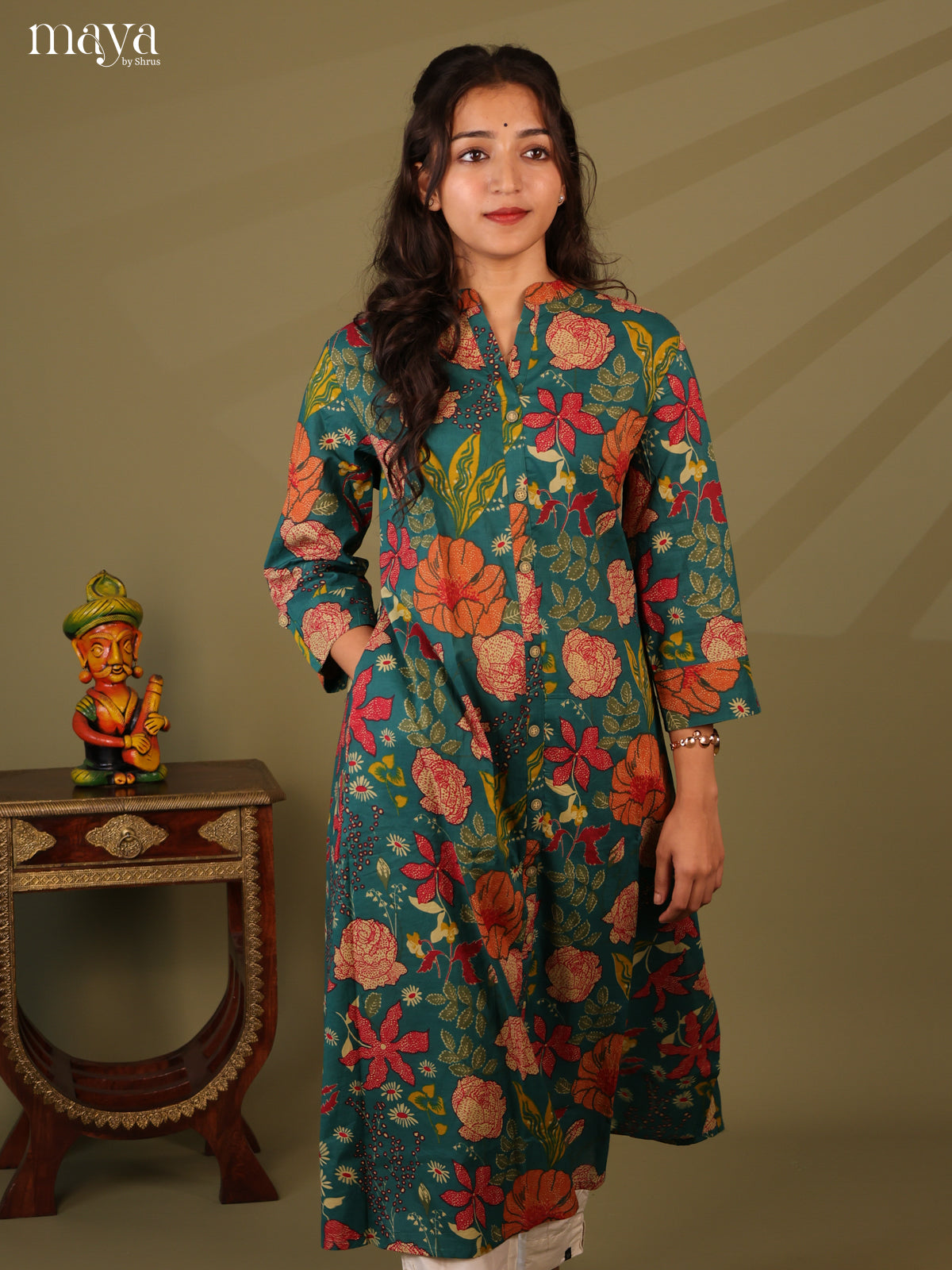 Floral Printed Green Cotton Kurti