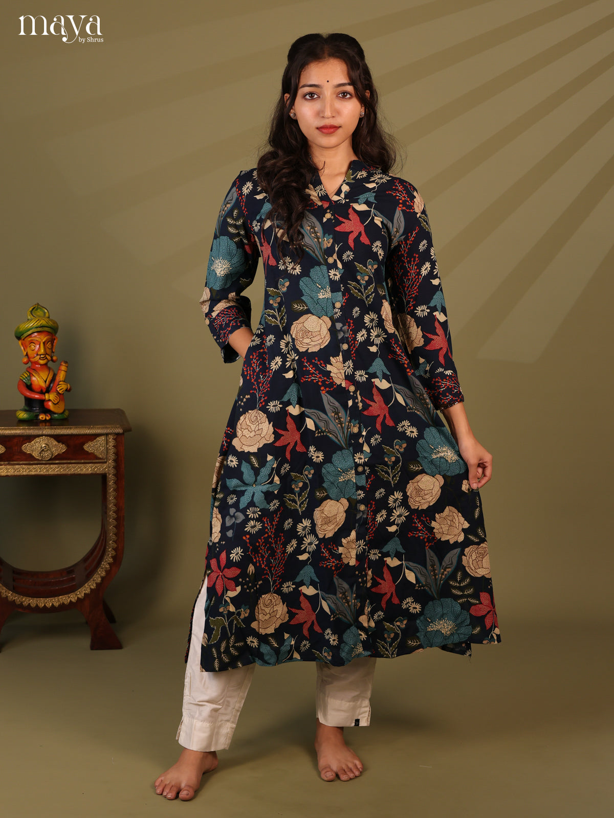 Floral Printed Blue Rayon Kurti