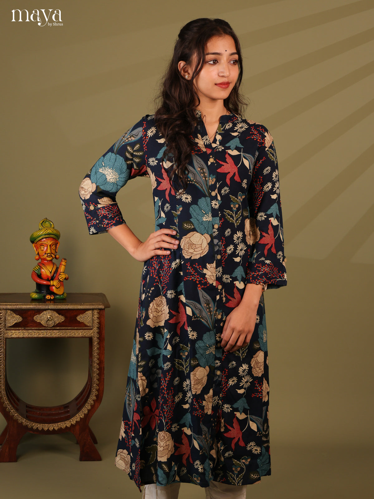 Floral Printed Blue Rayon Kurti