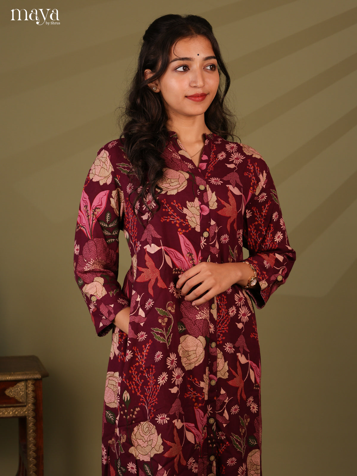 Floral Printed Wine Rayon Kurti