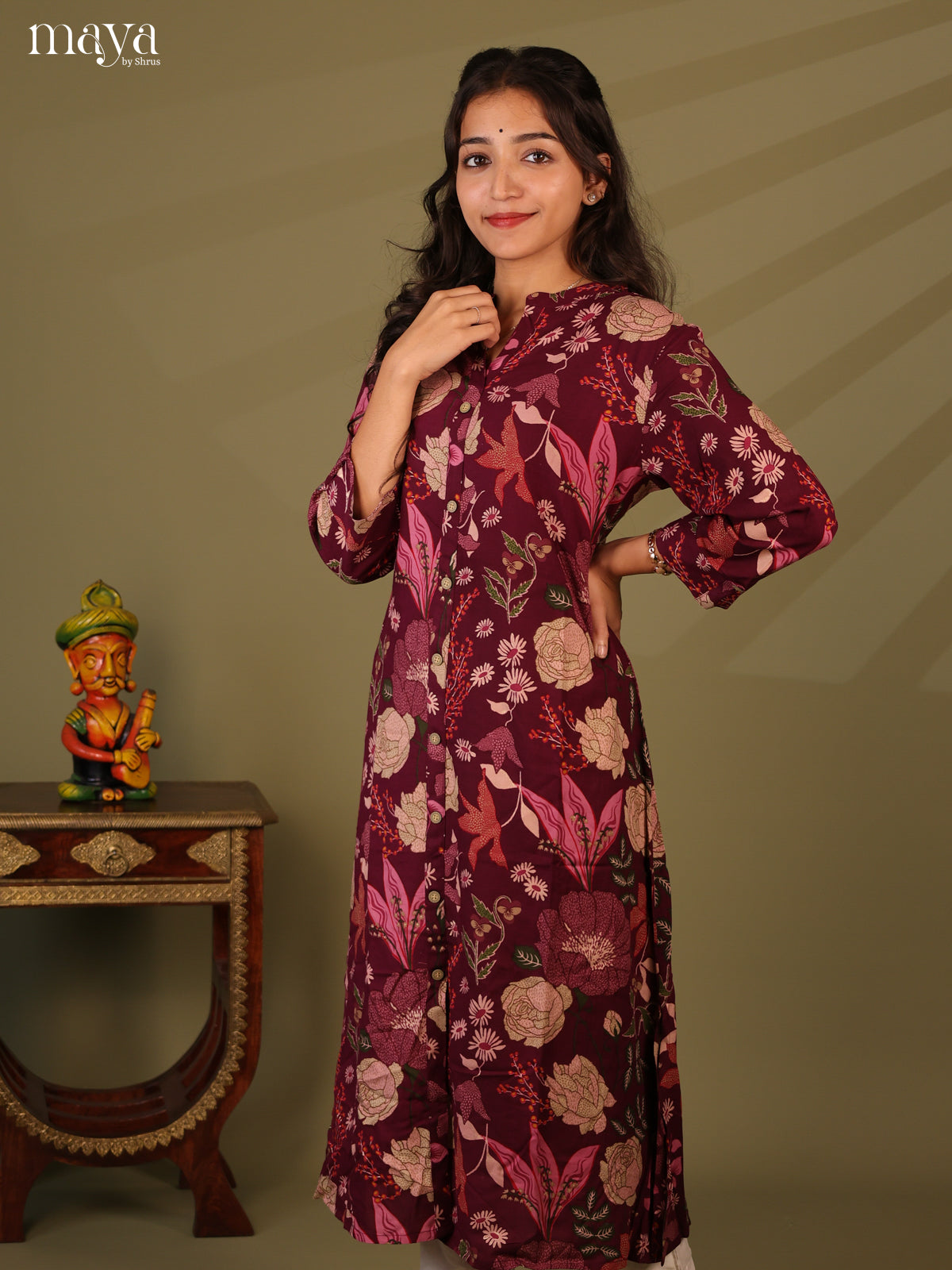 Floral Printed Wine Rayon Kurti