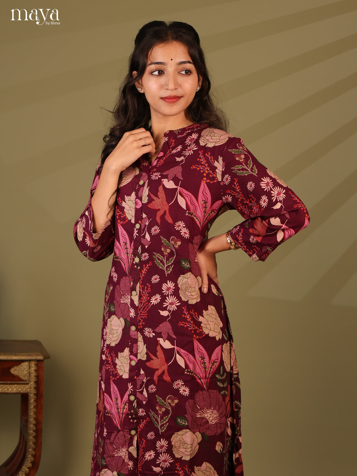 Floral Printed Wine Rayon Kurti
