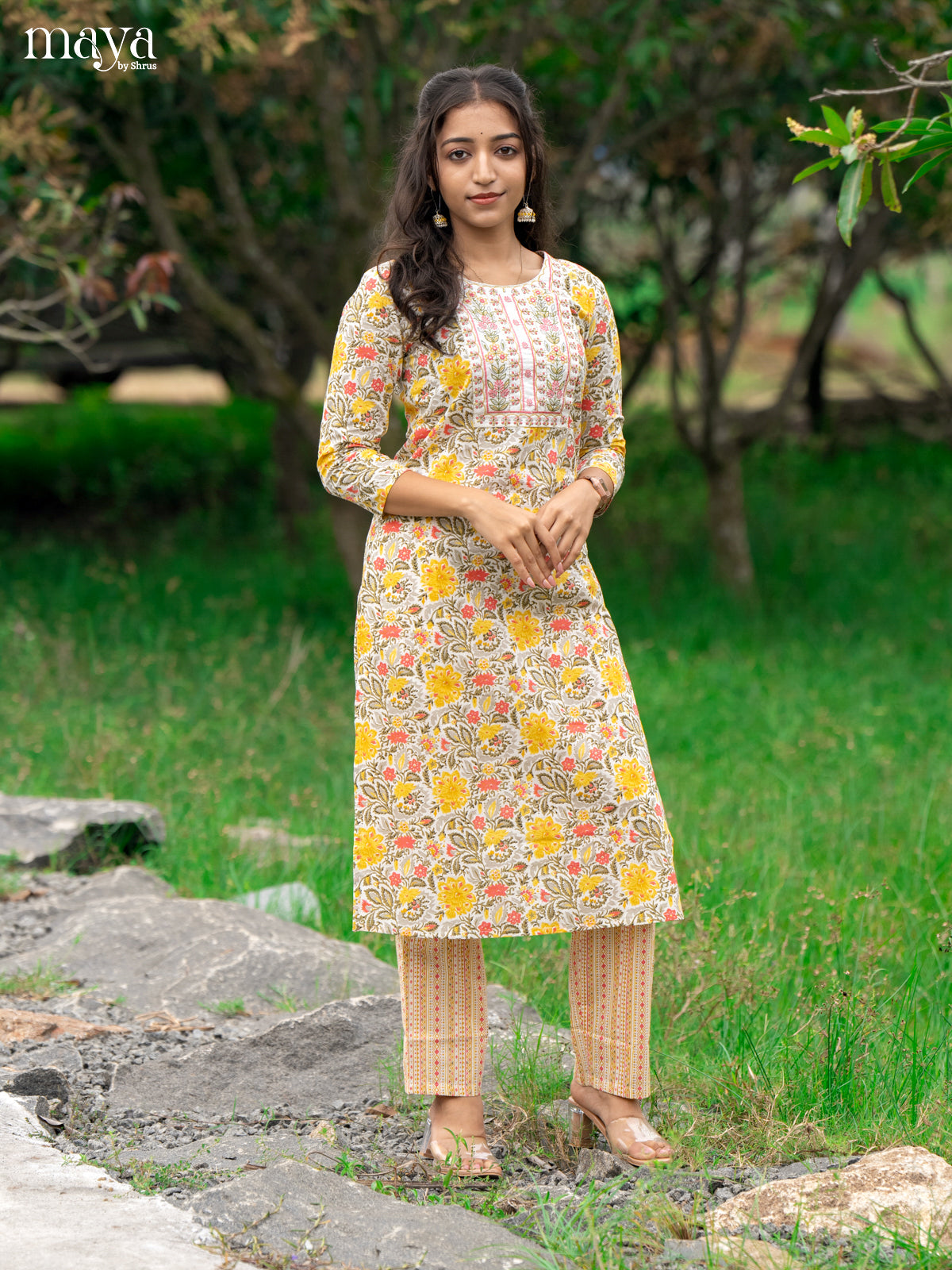 Cream Cotton 2Pc Salwar Suit With Floral Print - Top & Bottom