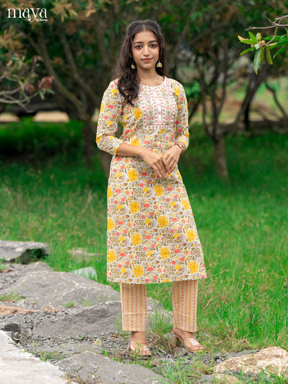 Cream Cotton 2Pc Salwar Suit With Floral Print - Top & Bottom