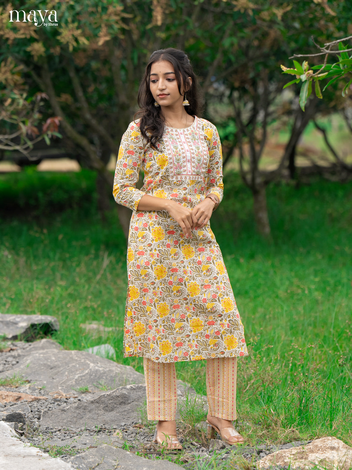 Cream Cotton 2Pc Salwar Suit With Floral Print - Top & Bottom