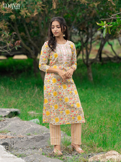 Cream Cotton 2Pc Salwar Suit With Floral Print - Top & Bottom
