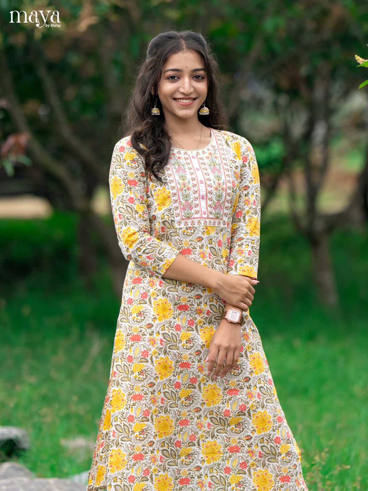 Cream Cotton 2Pc Salwar Suit With Floral Print - Top & Bottom