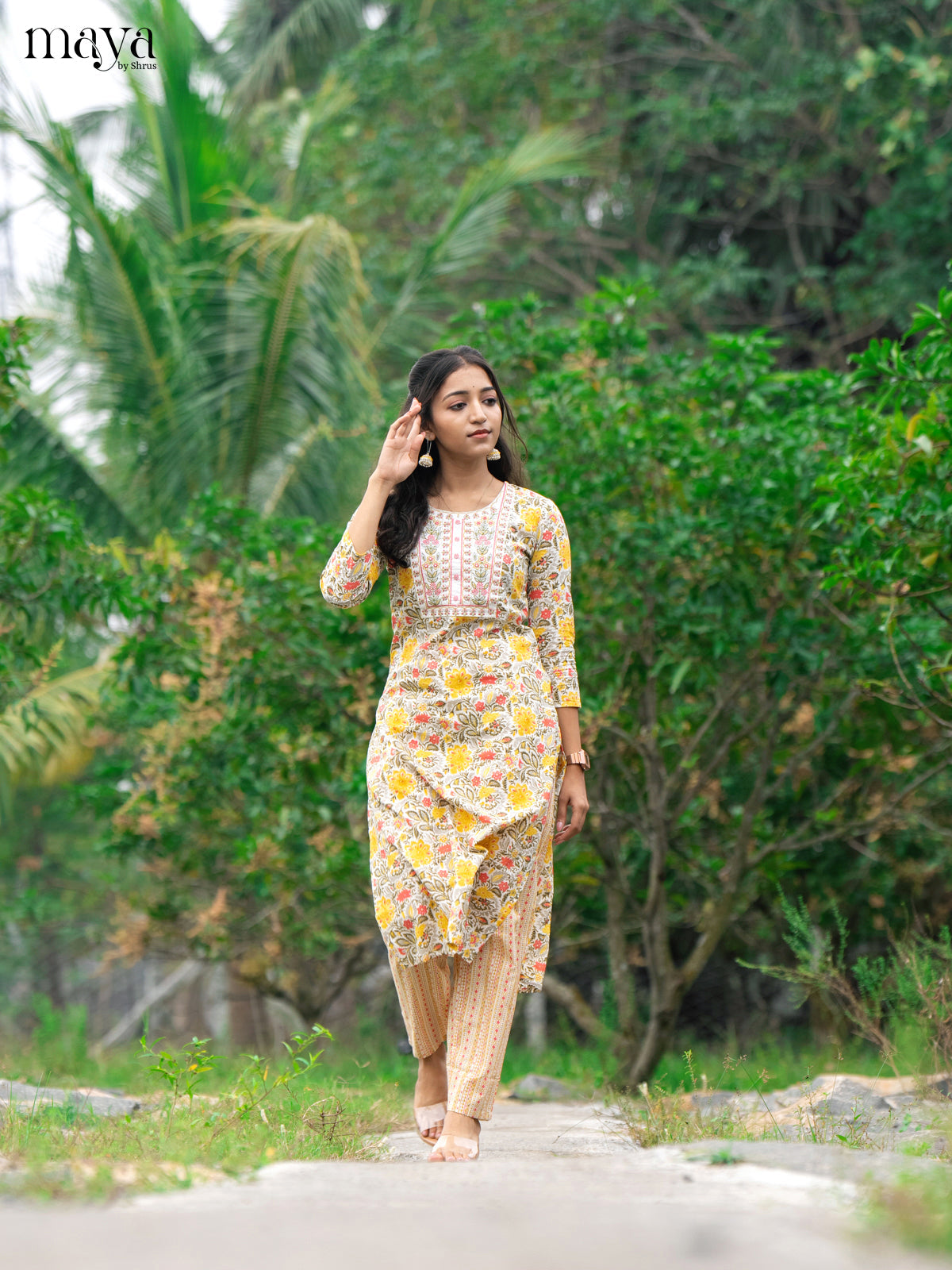 Cream Cotton 2Pc Salwar Suit With Floral Print - Top & Bottom
