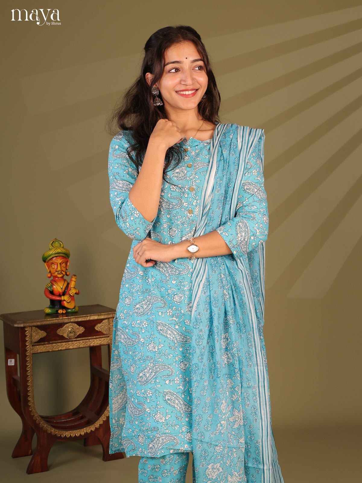 Blue Cotton 3pc Salwar Suit with Floral Print - Top, Bottom & Dupatta